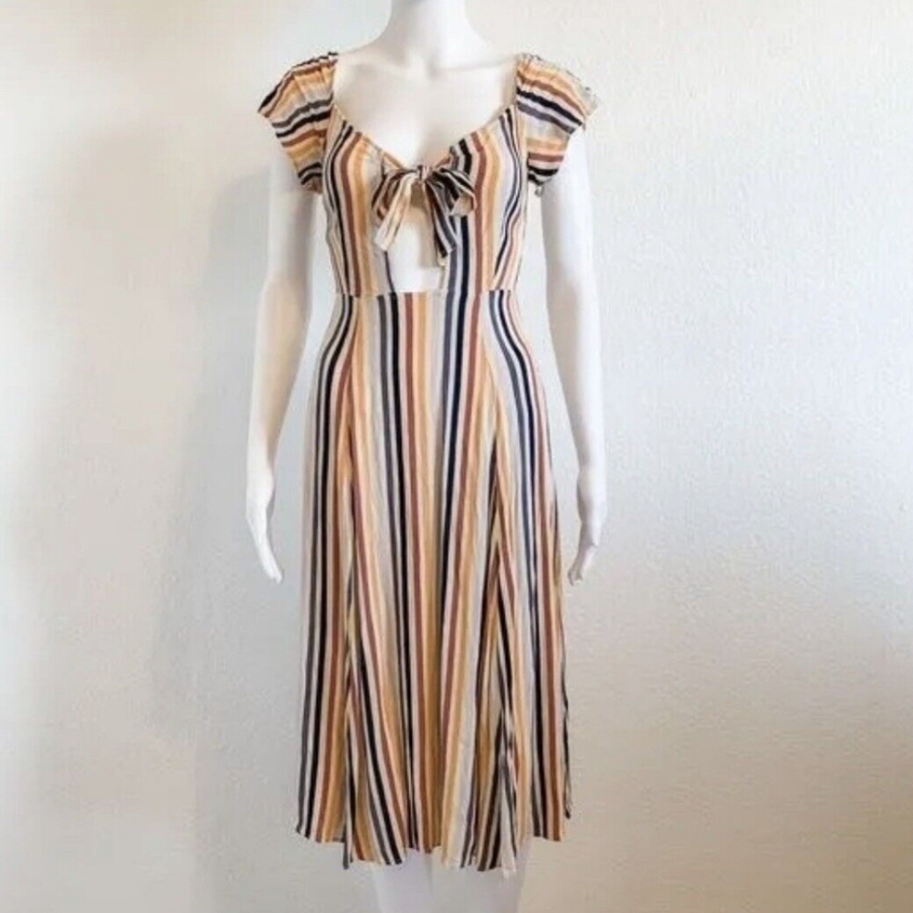 Leith Striped Summer Keyhole Front-Tie Midi Dress, Size XS